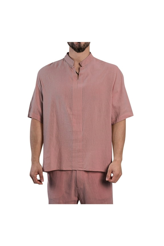 Men's Linen Short Sleeve Shirt Lightweight Relaxed Fit Stand Collar Hidden Button Placket Blouse Red L