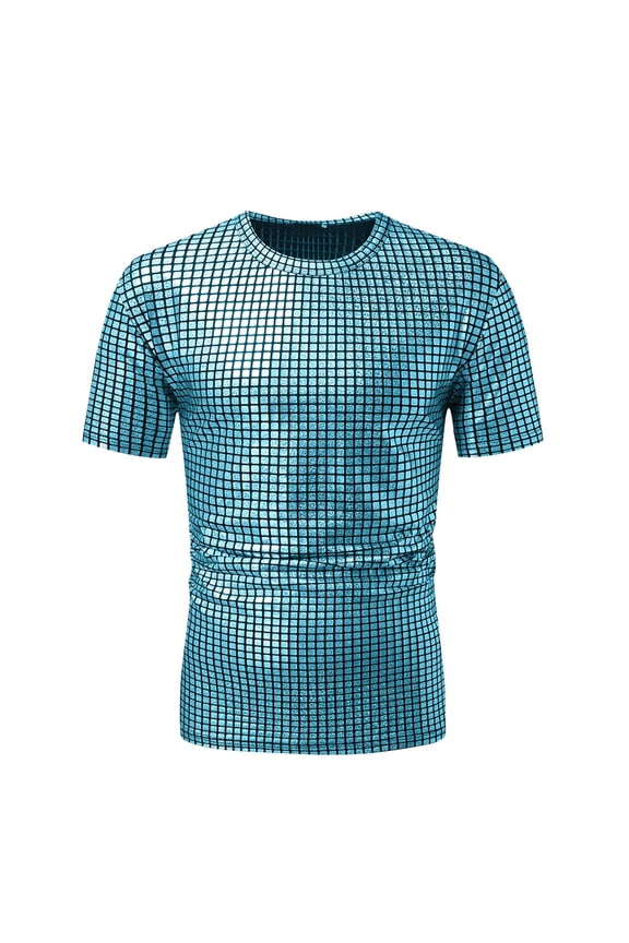 Men's Modern Grid Pattern Short Sleeve T Shirt Stylish Casual Wear Tees Light Blue XL