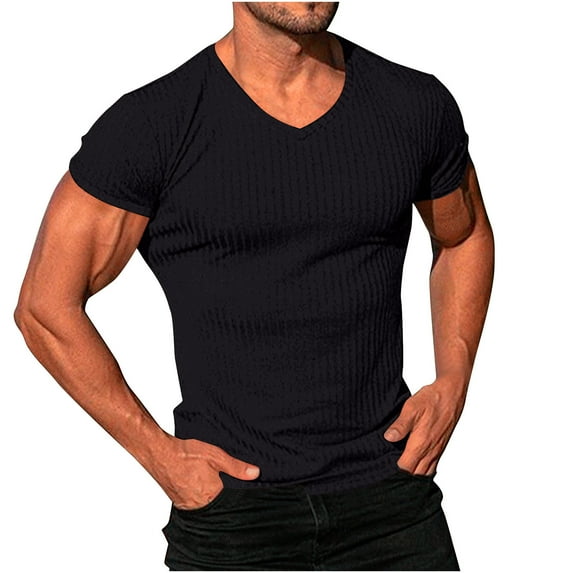 AHTJRT Men's Notched V-Neck Ribbed Knit Tee Casual Short Sleeve Summer Basic Top Black 2XL