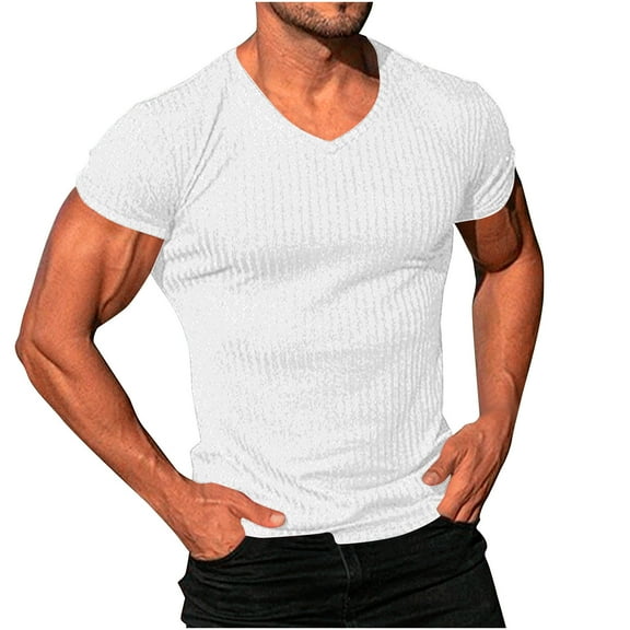 AHTJRT Men's Notched V-Neck Ribbed Knit Tee Casual Short Sleeve Summer Basic Top White 4XL
