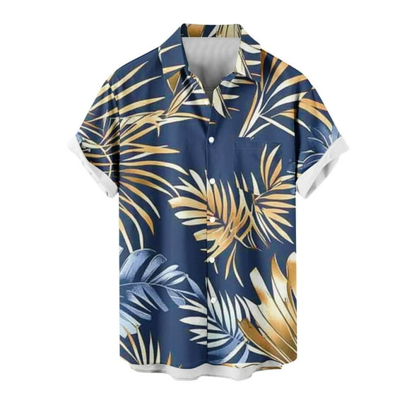 AHTJRT Men's Open Neck Vacation Tee Banana Leaf Textures Casual Summer Vibes Blue M