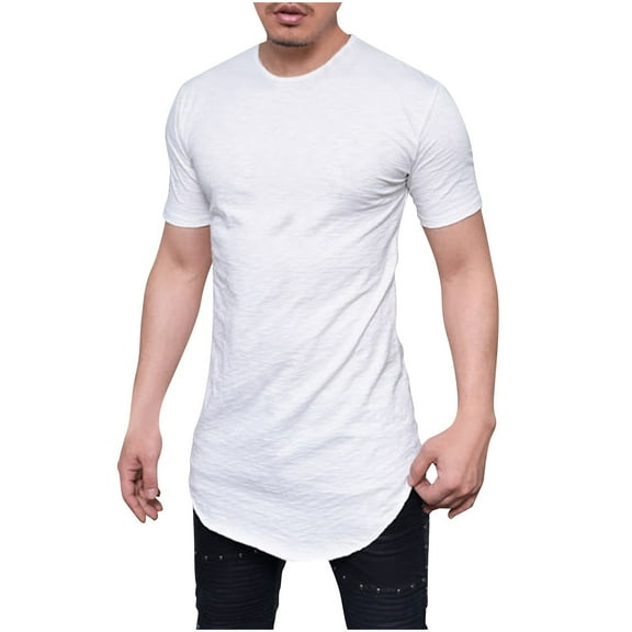 AHTJRT Men's Premium Longline Drop Tail T-Shirts Short Sleeve Slim Fit Hip Hop Workout Tees White 2XL