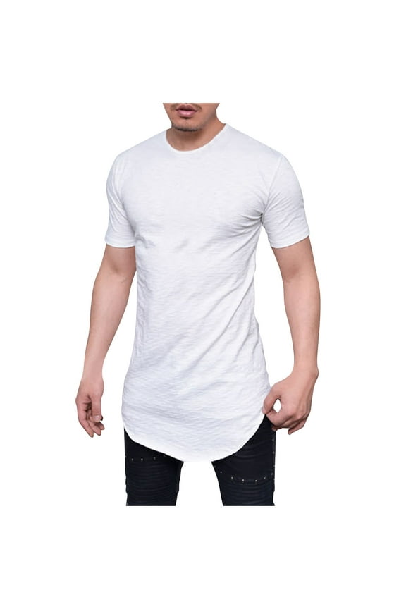 Men's Premium Longline Drop Tail T-Shirts Short Sleeve Slim Fit Hip Hop Workout Tees White 2XL