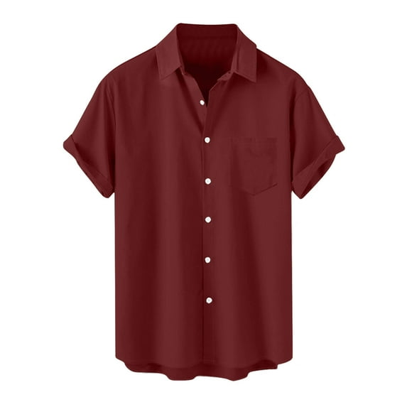 AHTJRT Men's Regular Fit Short Sleeve Shirt with Button Down Collar and Pocket for Casual Wear Wine 2XL