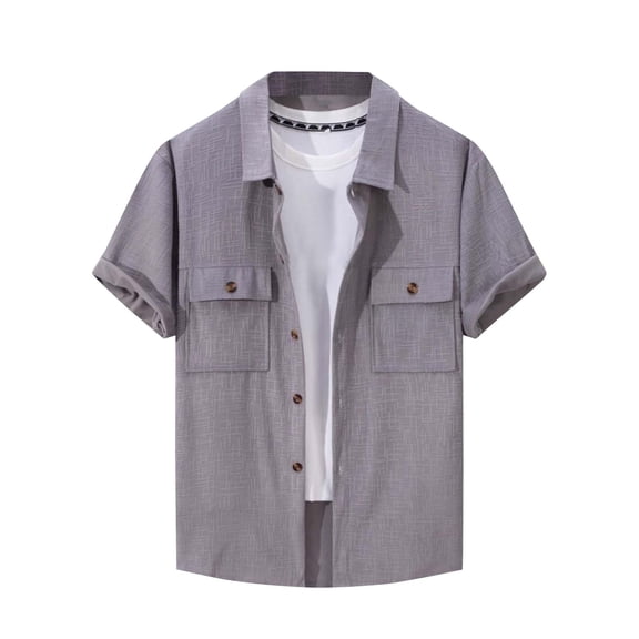 AHTJRT Men's Short Sleeve Button Down Casual Dress Corduroy Shirts with Pockets Solid Color Summer Beach Tops Gray M