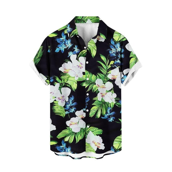 AHTJRT Men's Short Sleeve Button-Down Tropical Rainforest Layers Island Feasts Black XL