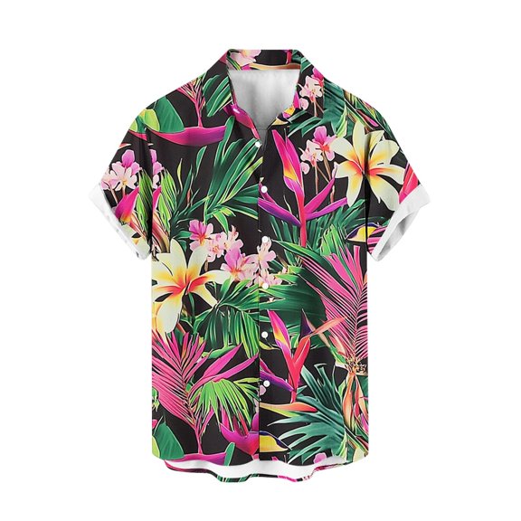 AHTJRT Men's Short Sleeve Button-Down Tropical Rainforest Layers Island Feasts Pink M