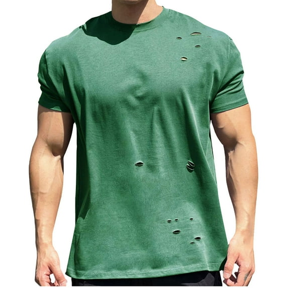 AHTJRT Men's Short Sleeve Distressed T Shirt Casual Stylish Comfortable Relaxed Fit with Ripped Detailing Tees Green M