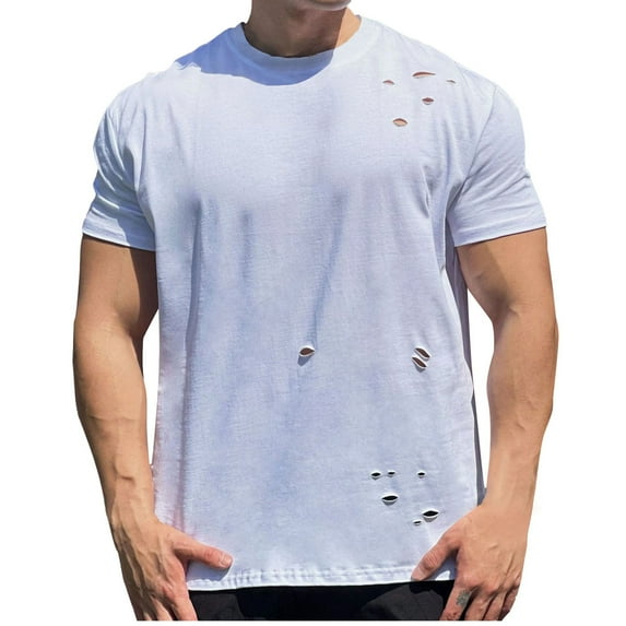 AHTJRT Men's Short Sleeve Distressed T Shirt Casual Stylish Comfortable Relaxed Fit with Ripped Detailing Tees White M