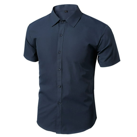 AHTJRT Men's Short Sleeve Dress Shirt Casual Business Button Down Shirt Stretch Slim Fit Dress Shirt Navy M