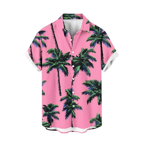 AHTJRT Men’s Short Sleeve Hawaiian Shirt with Gradient Palm Fronds Hibiscus Blooms Button Down Shirt Multicolor 2XL