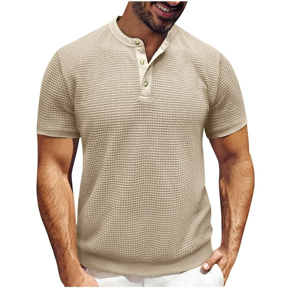 AHTJRT Men's Short Sleeve Henley Cotton T-Shirt Casual Button Summer Tees Tops Beige L