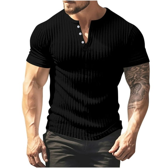 AHTJRT Men's Short Sleeve Henley Shirt Casual Ribbed Design Soft Versatile Lightweight Trendy Tees Black S