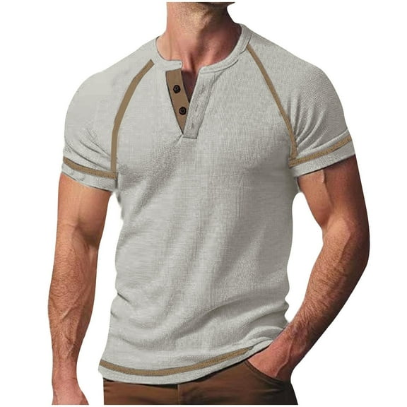 AHTJRT Men's Short Sleeve Henley Shirt Casual V Neck Button Placket Soft Versatile Lightweight Trendy Blouse Gray 2XL