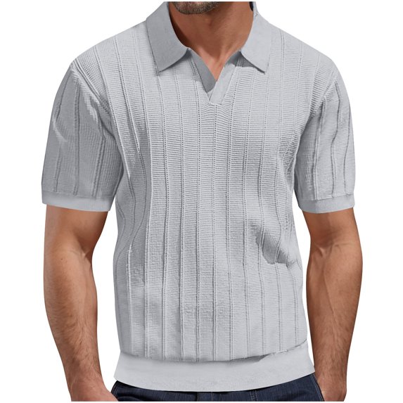 AHTJRT Men's Short Sleeve Round Neck Polo Shirts Fashion Striped Solid Color Casual Dressy Outdoor Tunic Tops Gray L