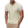 thumbnail image 1 of AHTJRT Men's Short Sleeve V-Neck Waffle Henley Shirt with Button Down and Color Block Knitted Design Khaki M, 1 of 7