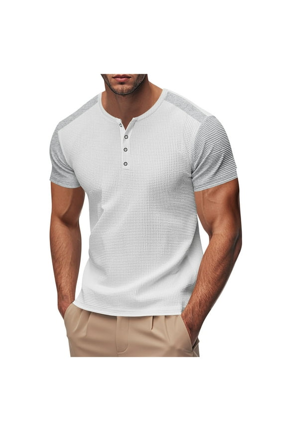 Men's Short Sleeve V-Neck Waffle Henley Shirt with Button Down and Color Block Knitted Design White 3XL