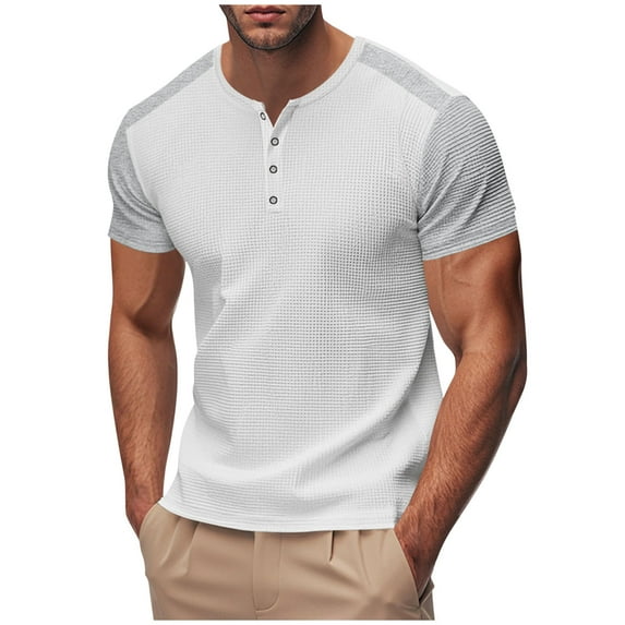 AHTJRT Men's Short Sleeve V-Neck Waffle Henley Shirt with Button Down and Color Block Knitted Design White M