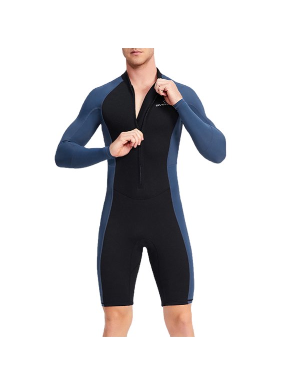 Men's Shorty Wetsuits 1.5mm Premium Stretch One Piece Bathing Suit Front Zip-Up Long Sleeve Diving Snorkeling SPF UV Protection Bathing Suit Blue L
