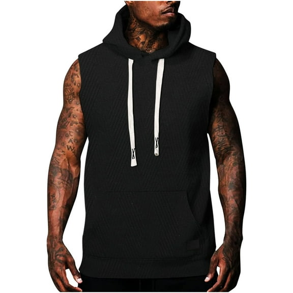 AHTJRT Men's Sleeveless Hooded Tank Top Lightweight Versatile Drawstring Hood Front Pocket Gym Tees Black M