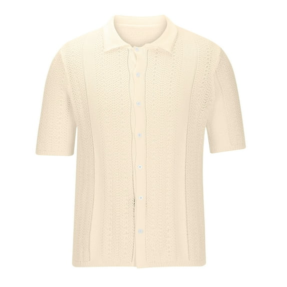 AHTJRT Men's Slim Fit Button Down Short Sleeve Knitted Collar Dress Shirt Holiday Vacation Clothes Beige M