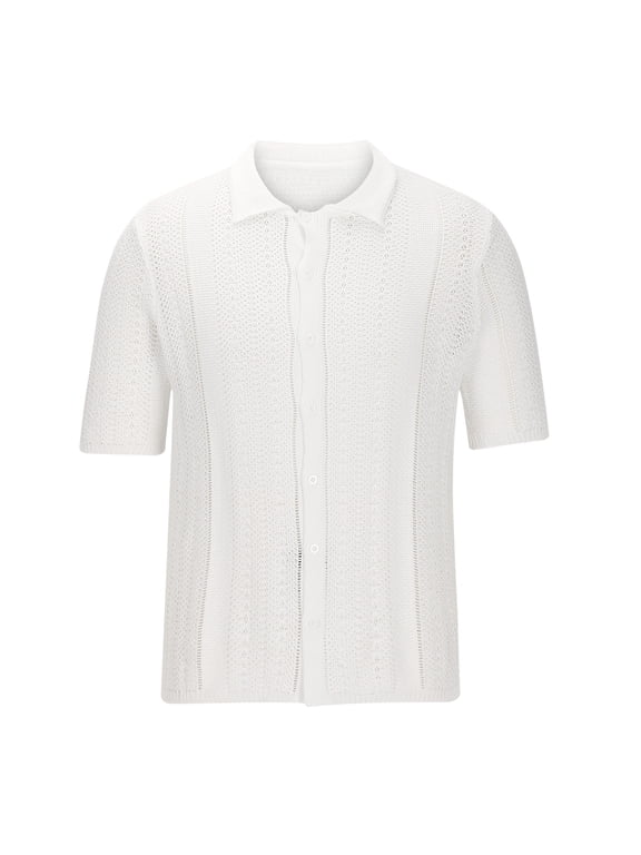 Men's Slim Fit Button Down Short Sleeve Knitted Collar Dress Shirt Holiday Vacation Clothes White XL