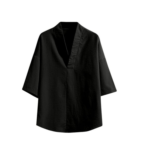 AHTJRT Men's Slim Fit Long Sleeve Linen V-Neck Henley Tees Fashion Work T-Shirts Black 3XL