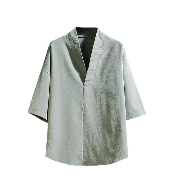 AHTJRT Men's Slim Fit Long Sleeve Linen V-Neck Henley Tees Fashion Work T-Shirts Green 2XL