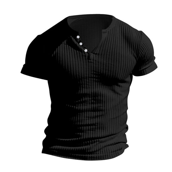 AHTJRT Men's Slim Fit Ribbed Henley Muscle T-Shirt V-Neck Short Sleeve Lightweight Casual Summer Tees Black XL