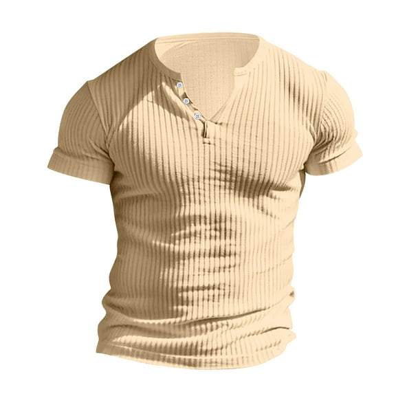 AHTJRT Men's Slim Fit Ribbed Henley Muscle T-Shirt V-Neck Short Sleeve Lightweight Casual Summer Tees Khaki M
