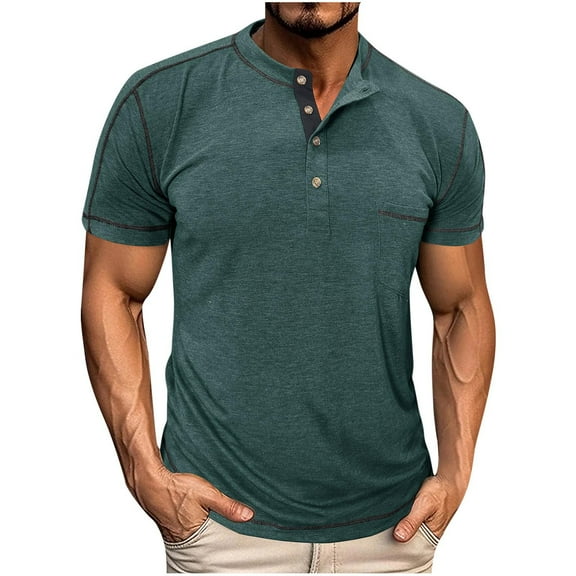AHTJRT Men's Slim Fit Short Sleeve Henley Shirt Casual Tee with Pocket Soft Blend Fabric Green 2XL