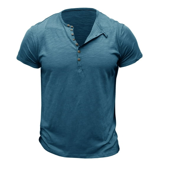 AHTJRT Men's Slim Fit Short Sleeve Henley Shirt with Stretchy Comfort for Casual Wear Blue S