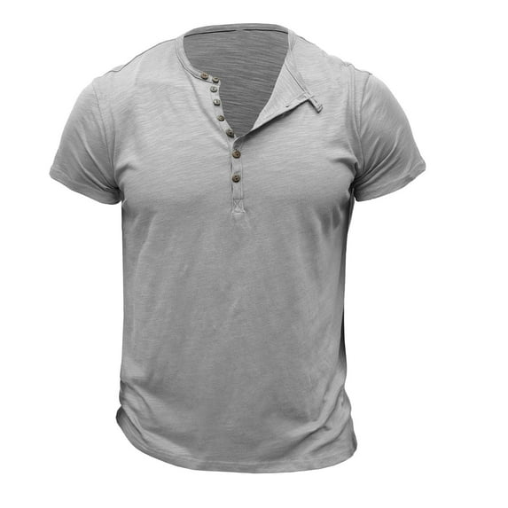 AHTJRT Men's Slim Fit Short Sleeve Henley Shirt with Stretchy Comfort for Casual Wear Gray M