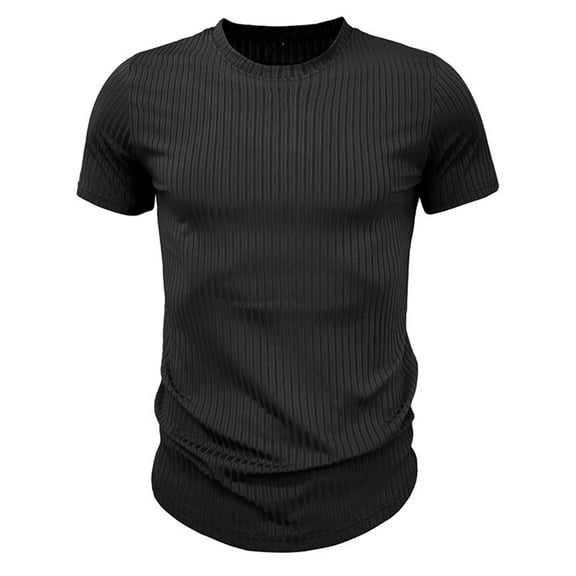 AHTJRT Men's Slim Fit Stretchy Short Sleeve Crew Neck Ribbed Knit T-Shirt for Basic Style Black L