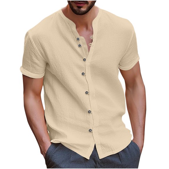 AHTJRT Men's Slim Fit V Neck Linen Shirt with Short Sleeves and Frog Button Down for Summer Beach Tops Khaki M