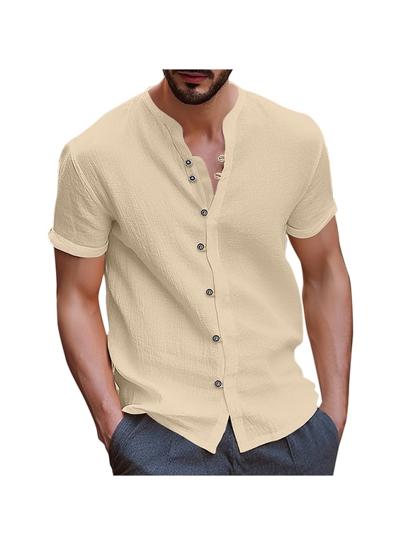 Men's Slim Fit V Neck Linen Shirt with Short Sleeves and Frog Button Down for Summer Beach Tops Khaki M