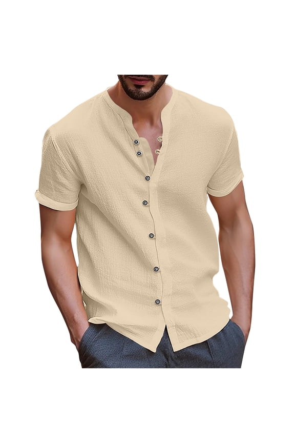 Men's Slim Fit V Neck Linen Shirt with Short Sleeves and Frog Button Down for Summer Beach Tops Khaki M