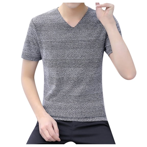 AHTJRT Men's Stretch Muscle T-Shirt Short Sleeve V-Neck Ribbed Knit Workout Tee Gray L