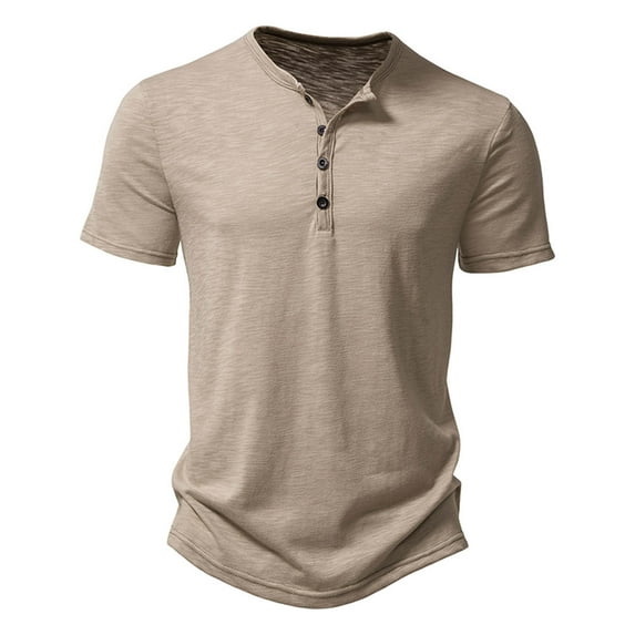 AHTJRT Men's Stretchy Slim Fit Short Sleeve Henley Shirt for Casual Wear Khaki L