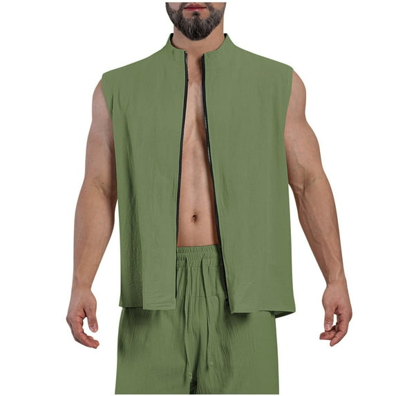 AHTJRT Men's Stylish Comfy Casual Sleeveless Zip Up Cotton Linen Vest High Neck Lightweight Breathable Everyday Wear Layering Shirt Army Green S