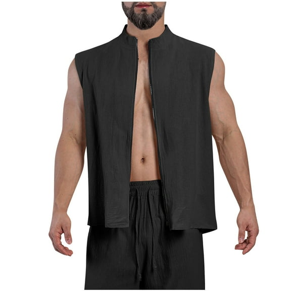 AHTJRT Men's Stylish Comfy Casual Sleeveless Zip Up Cotton Linen Vest High Neck Lightweight Breathable Everyday Wear Layering Shirt Black L