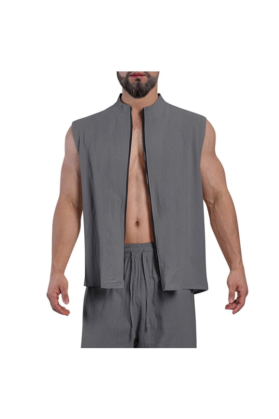 Men's Stylish Comfy Casual Sleeveless Zip Up Cotton Linen Vest High Neck Lightweight Breathable Everyday Wear Layering Shirt Dark Gray L