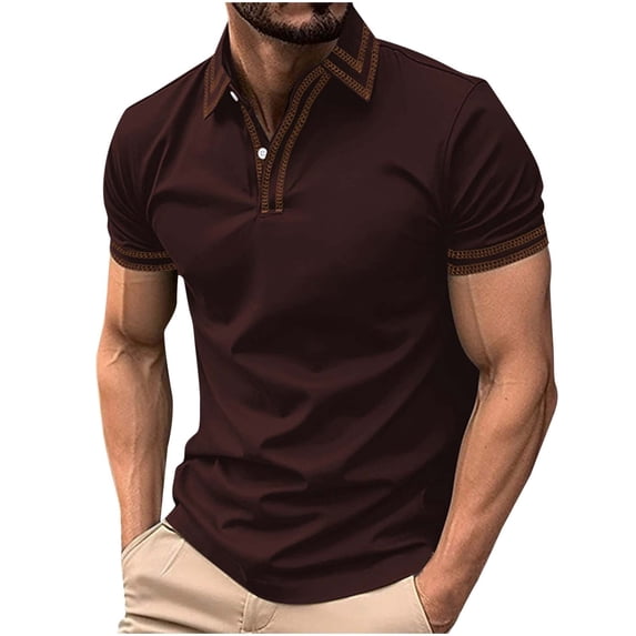 AHTJRT Men's Stylish Cotton Golf Shirts Slim Fit Short Sleeve Button Collar Tees Work Tops Wine S