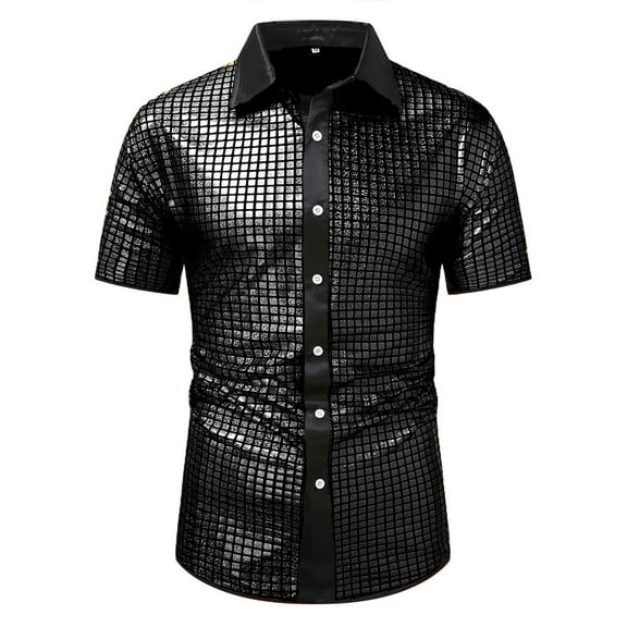 AHTJRT Men's Stylish Metallic Grid Short Sleeve Shirt Casual Lightweight Blouse Black S