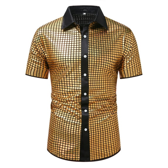 AHTJRT Men's Stylish Metallic Grid Short Sleeve Shirt Casual Lightweight Blouse Gold 2XL