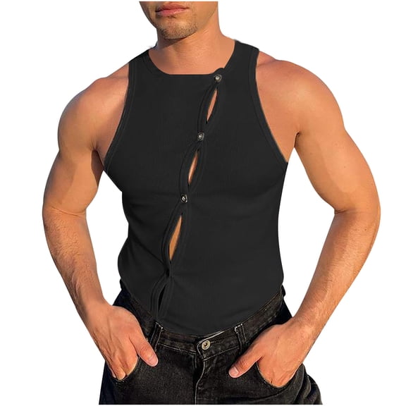 AHTJRT Men's Stylish Sleeveless Ribbed Tank Top Front Cutouts Casual Comfy Versatile Athletic Wear Round Neck Fitted Trendy Tee Black M