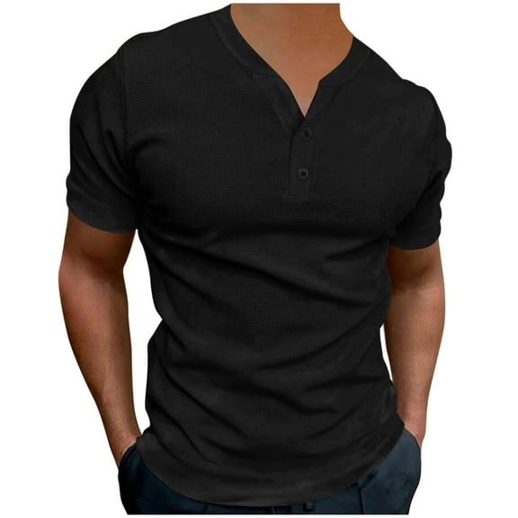 AHTJRT Men's Summer Beach Shirt Casual V-Neck Henley with Waffle Rib Texture Short Sleeve Basic Solid Top Black 2XL