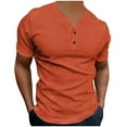 thumbnail image 1 of AHTJRT Men's Summer Beach Shirt Casual V-Neck Henley with Waffle Rib Texture Short Sleeve Basic Solid Top Orange L, 1 of 5
