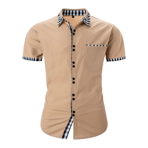 AHTJRT Men's Summer Casual Short Sleeve Button Down Shirt Stylish Plaid Color Block Beach Top Khaki L