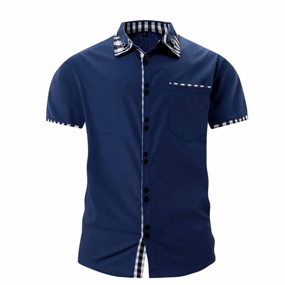 AHTJRT Men's Summer Casual Short Sleeve Button Down Shirt Stylish Plaid Color Block Beach Top Navy S